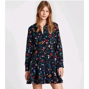 Zara Basic Navy Blue Floral Button Front Shirt Playsuit Romper Long Sleeve Small